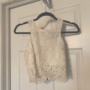 Two piece white lace high waist skirt and crop top